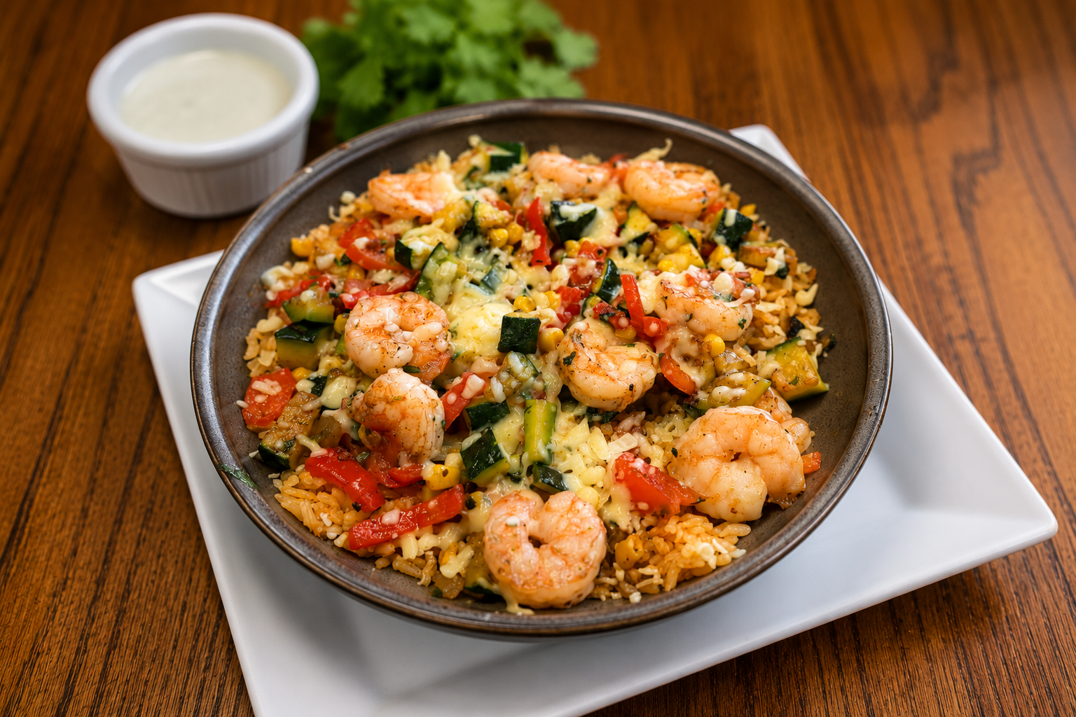 Shrimp rice bowl with zucchini, peppers and melted cheese